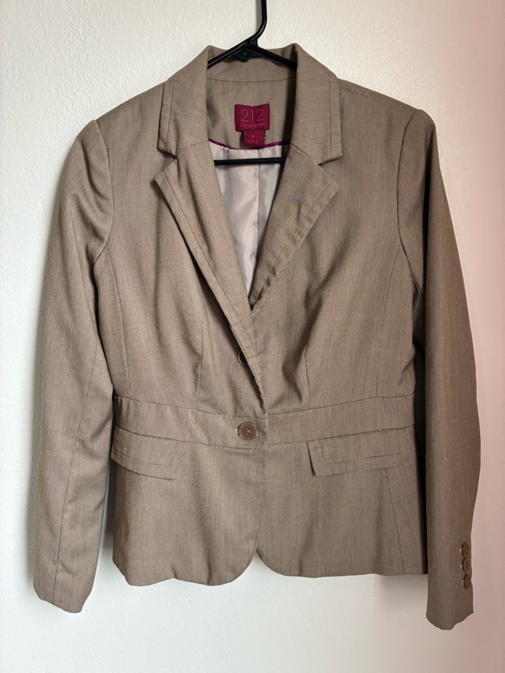 212 Collection Beige Check Blazer with Wine Label Detail